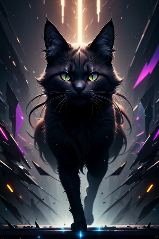 a cg rendering of a cat, animal, sinister, dark, no_humans, beautiful fur, four legs, glow, 4k, posing for a photo, (Abstract art:1.6), (Delicate images), (Highly detailed), (high resolution), (Best quality), (masterpiece)