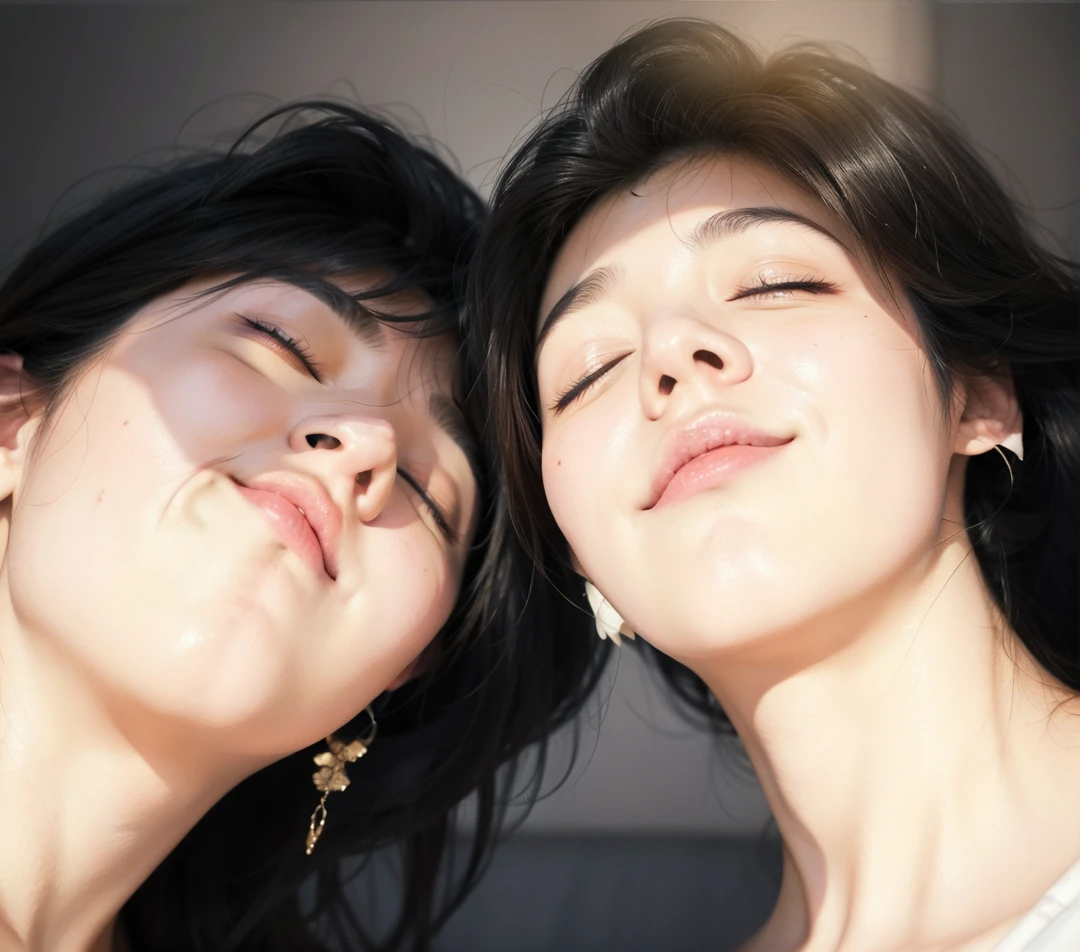 there are two women with their eyes closed and one smiling, [ arte digital ]!!, obras de arte no estilo de guweiz, # 1 pintura digital de todos os tempos, #1 pintura digital de todos os tempos, Fotorrealista!!!!!!! Estilo de arte, Imagem realista, retrato de ultra realista, [ foto realista ]!!, arte digital. @mariomaniacdude