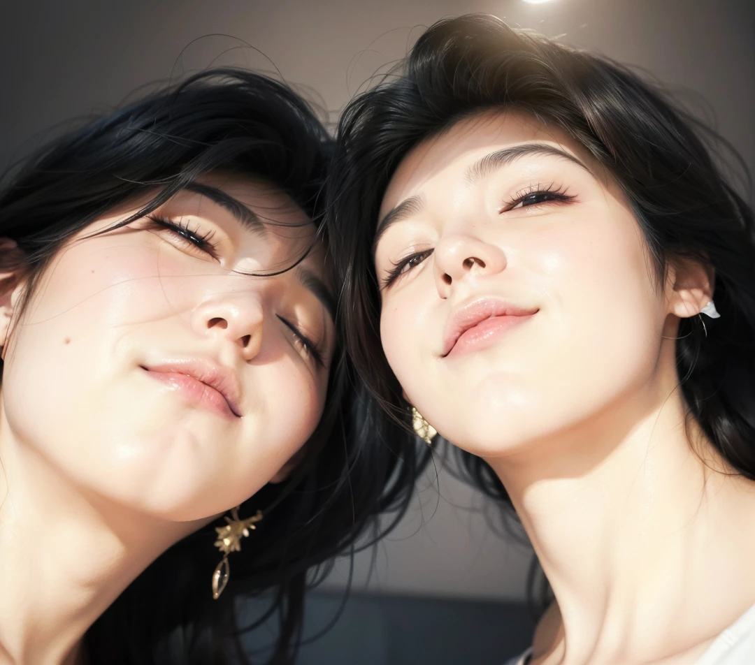 there are two women with their eyes closed and one smiling, [ arte digital ]!!, obras de arte no estilo de guweiz, # 1 pintura digital de todos os tempos, #1 pintura digital de todos os tempos, Fotorrealista!!!!!!! Estilo de arte, Imagem realista, retrato de ultra realista, [ foto realista ]!!, arte digital. @mariomaniacdude