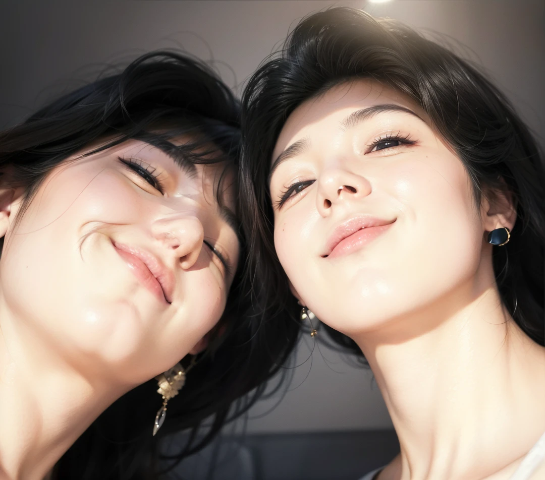 there are two women with their eyes closed and one smiling, [ arte digital ]!!, obras de arte no estilo de guweiz, # 1 pintura digital de todos os tempos, #1 pintura digital de todos os tempos, Fotorrealista!!!!!!! Estilo de arte, Imagem realista, retrato de ultra realista, [ foto realista ]!!, arte digital. @mariomaniacdude