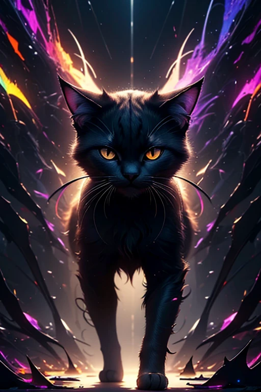 a cg rendering of a cat, animal, sinister, dark, no_humans, beautiful fur, four legs, glow, 4k, posing for a photo, (Abstract art:1.6), (Delicate images), (Highly detailed), (high resolution), (Best quality), (masterpiece)