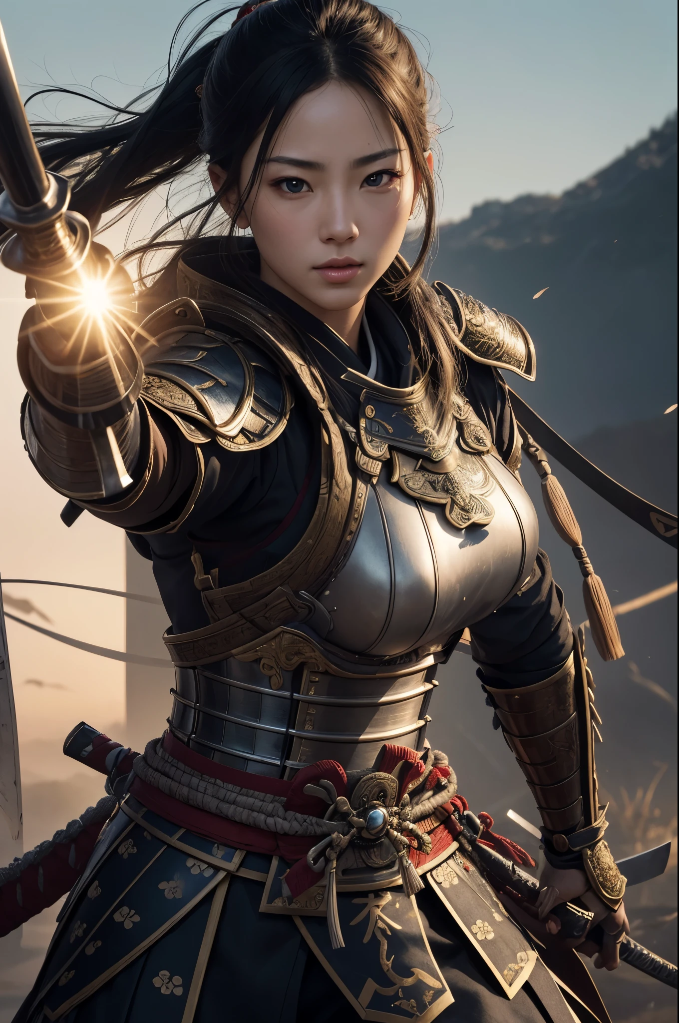 8K,Woman on the Battlefield,Japanese samurai armor,Super beautiful(like the real thing),perfect face,Perfect hand shape,Charm,Volume measurement,Body balance,超High resolution,super realistic skin,Digital single-lens reflex camera, soft lighting, high quality, highly detailed face, highly detailed eyes, highly detailed skin, skin, Scattered beneath the surface, highly detailed face, highly detailed eyes, beautiful expression, lip whole, detailed background, Depth of the bounds written, small breasts、volume lighting, sharp focus, absurd, realistic proportions, excellent anatomy, (realistic, 超realistic:1.4), 16K HDR, dawn,big breasts,High resolution,super realistic skin,super beautiful expression,fantasy art,character art,dynamic pose,Holding a long and large Japanese sword,戦国時代のJapanese samurai armor,Throwing Japanese swords,