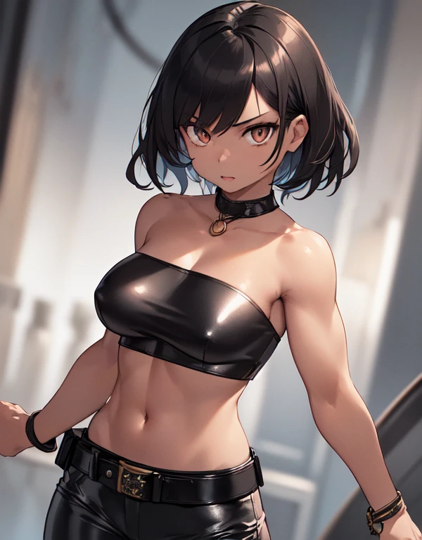 1girl, ((26 year old, Filipino Woman, tanned bronze skin:1.02, short black hair:1.3, Detailed Amber eyes:1.03, Detailed face, medium breasts, (Wearing: Strapless Black tube top, black leather pants, white belt, bracelets:1.2)), (midriff), (agile physique:1.1), (Character Focus),Perfect Anatomy, Looking at Viewer, 4k textures, raw photo, epic artistic, photoreal art, sharp focus, even lighting, insane details, intricate details, hyperdetailed, rich colors