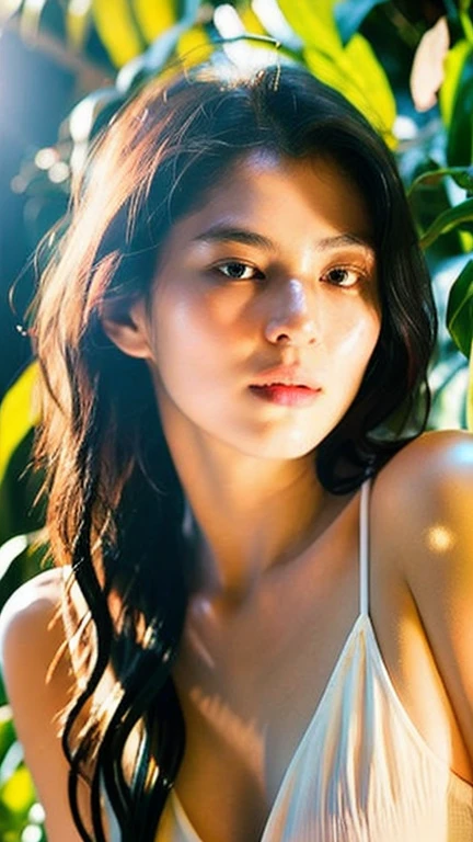 {top-quality}, {{masterpiece}}, {extremely delicate and beautiful},Outstanding light and shadow, highly detailed wallpaper,Clear and bright sunlight,1girl in,lightly dressed、gaze looking beyond,red blush,Strong sunshine,delicate and messy hair,realistic skin textures, Pronounced pores and skin wrinkles,tropical rainforest,((strong light shines on the face)), The upper part of the body, naked portrait, nude photography, armpit, shiny nipple