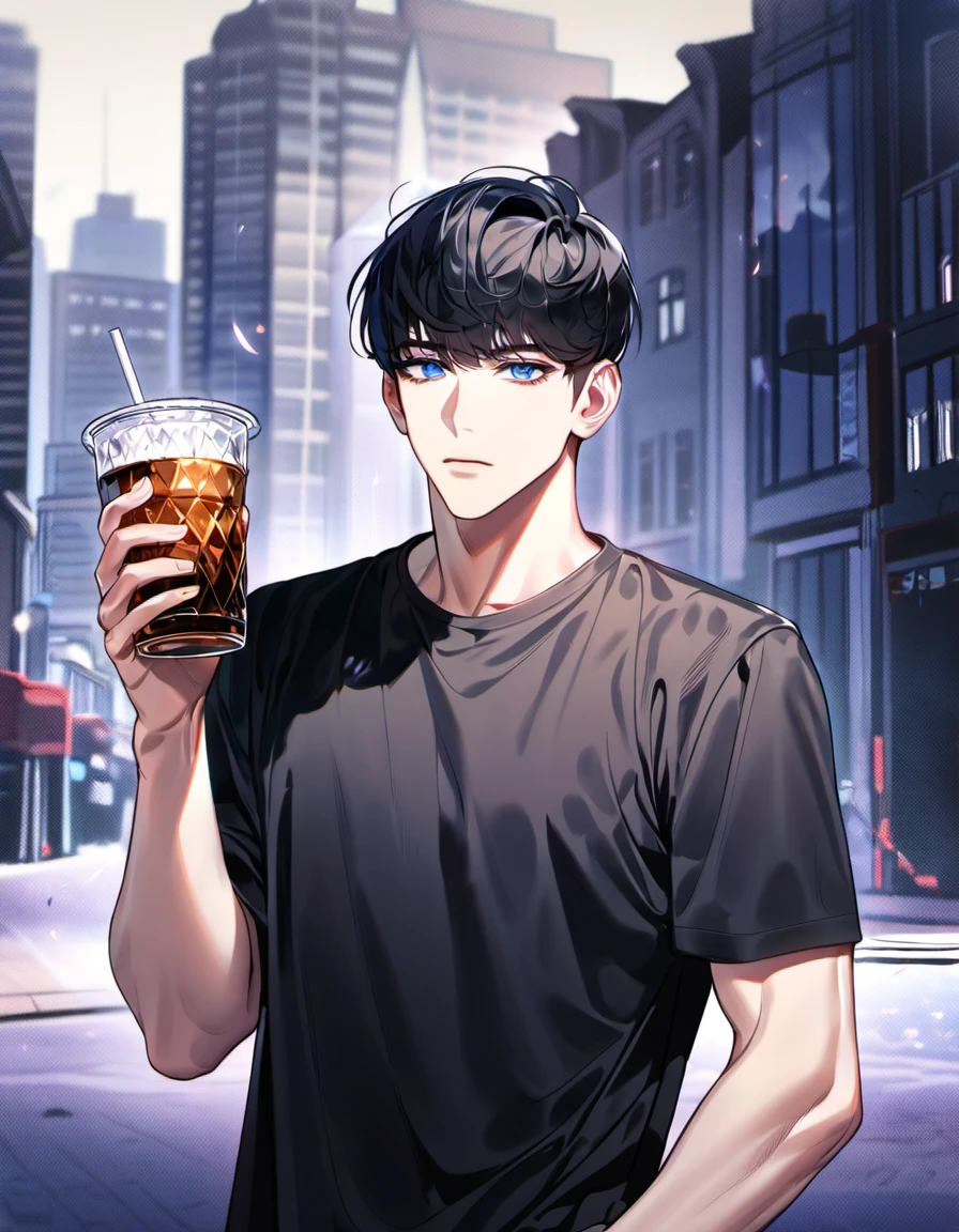 absurdres, highres, ultra detailed, HDR, masterpiece, Sung Jin Woo, expressive blue eyes, Solo Leveling, 1man, handsome, black coat, black T-shirt, holding a tumbler with a straw, city, buildings