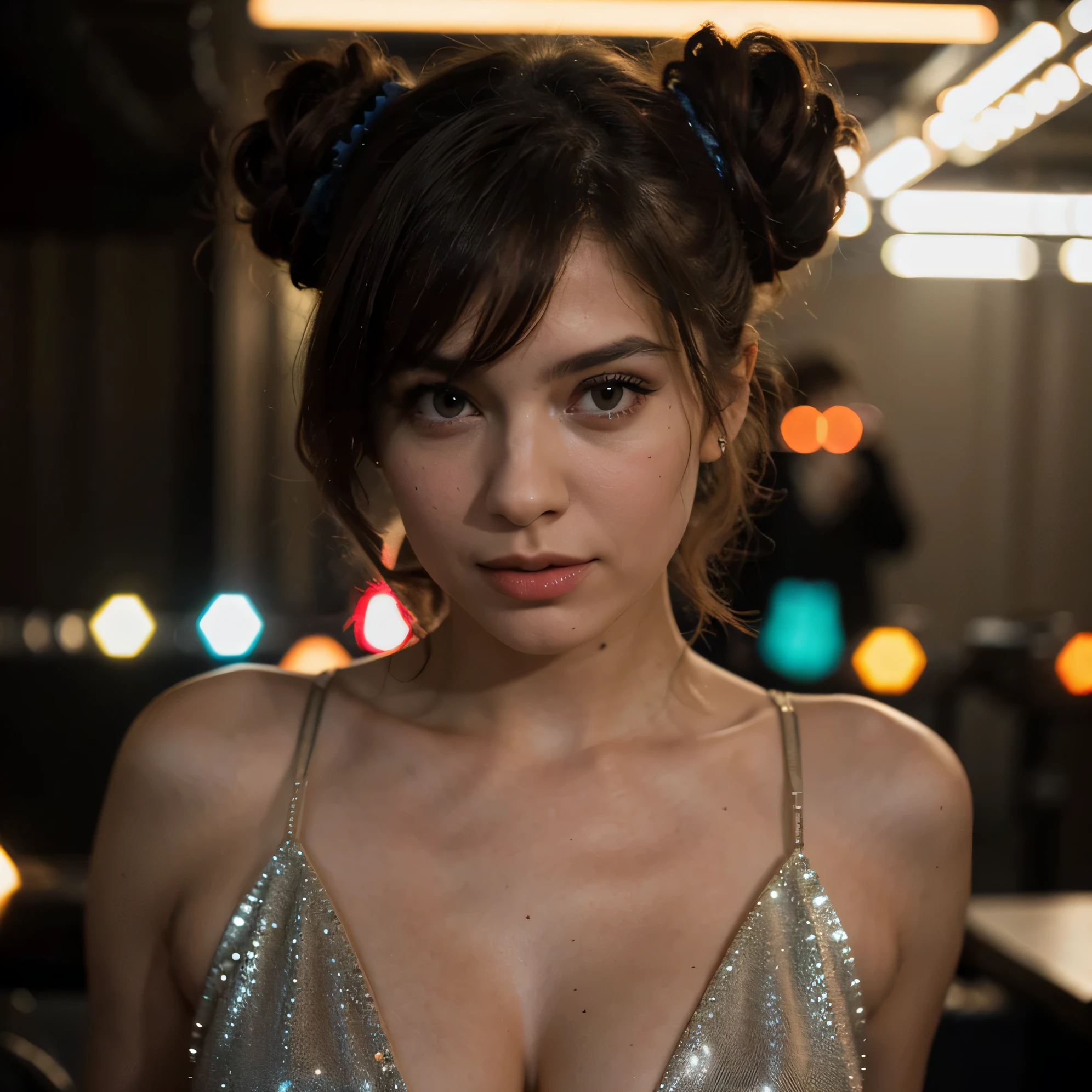 A girl in the disco looks into the camera, in the background disco lights