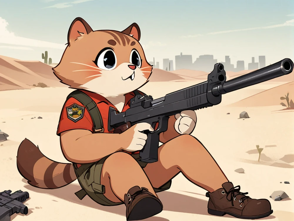 Common Raccoon Dog Tranform White Tanuki holding Gun in Jacksonville Florida at Desert, Style of Hellper 