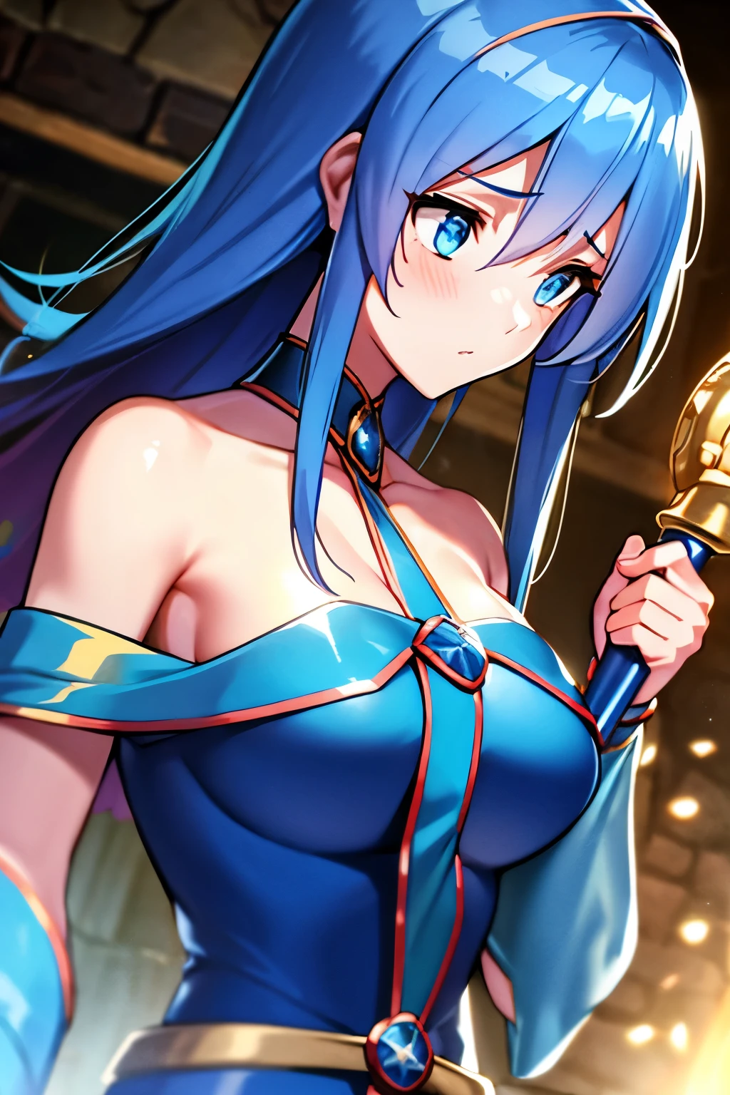 a beautiful girl with blue hair and blue eyes in a blue rope leaves a man with brown hair and medieval clothing devastated
