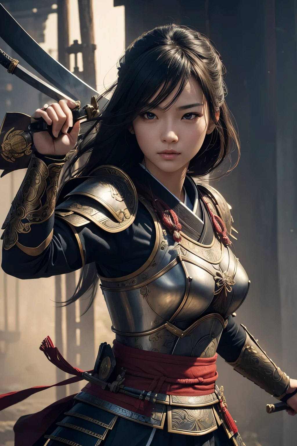 8K,Woman on the Battlefield,Japanese samurai armor,Super beautiful(like the real thing),perfect face,Perfect hand shape,Charm,Volume measurement,Body balance,超High resolution,super realistic skin,Digital single-lens reflex camera, soft lighting, high quality, highly detailed face, highly detailed eyes, highly detailed skin, skin, Scattered beneath the surface, highly detailed face, highly detailed eyes, beautiful expression, lip whole, detailed background, Depth of the bounds written, small breasts、volume lighting, sharp focus, absurd, realistic proportions, excellent anatomy, (realistic, 超realistic:1.4), 16K HDR, dawn,big breasts,High resolution,super realistic skin,super beautiful expression,fantasy art,character art,dynamic pose,Holding a long and large Japanese sword,戦国時代のJapanese samurai armor,Throwing Japanese swords,have,