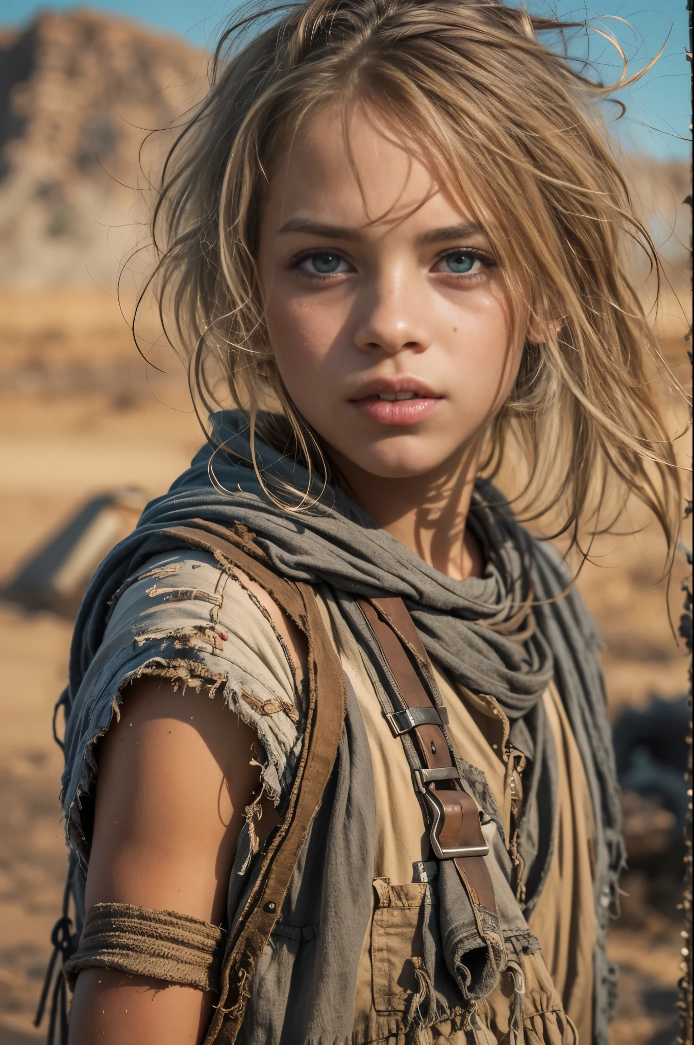 Masterpiece, half body shot, transitioning to a desert landscape at sunset, a lone figure walking, a beautiful 11 years old young American tween girl emerges wearing beautiful post apocalyptic nomadic clothes, very pale skin, light blond hair, blue-grey eyes, freckles on face, skinny runners body, very small breasts, very detailed face, ultra realistic face, very beautiful thin face, clean face, exhausted face, young looking, very young, juvenile face, post-apocalyptic clothing. Layers of tattered fabric, unconventional accessories, and a weathered look create an aura of survival and resilience, 16K, ultra high res.photorealistic, UHD, RAW, DSLR, (nsfw:1.1)