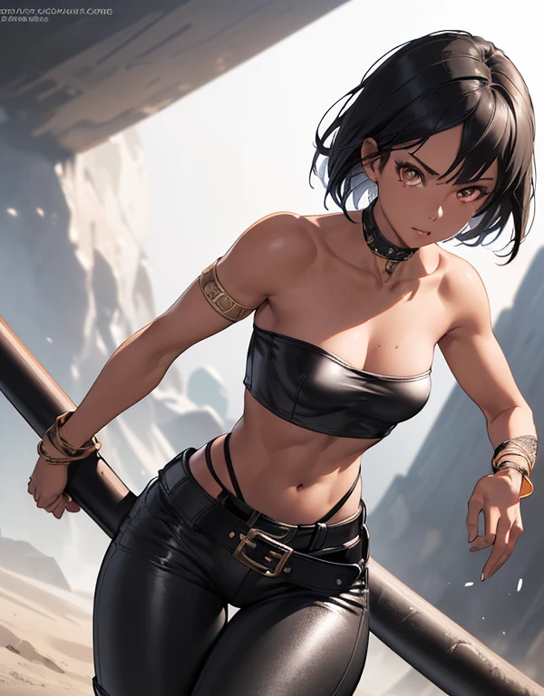 1girl, ((26 year old, Filipino Woman, tanned bronze skin:1.02, short black hair:1.3, Detailed Amber eyes:1.03, Detailed face, medium breasts, (Wearing: Strapless Black tube top, black leather pants, white belt, bracelets:1.2)), (midriff), (agile physique:1.1), (Character Focus),Perfect Anatomy, Looking at Viewer, 4k textures, raw photo, epic artistic, photoreal art, sharp focus, even lighting, insane details, intricate details, hyperdetailed, rich colors
