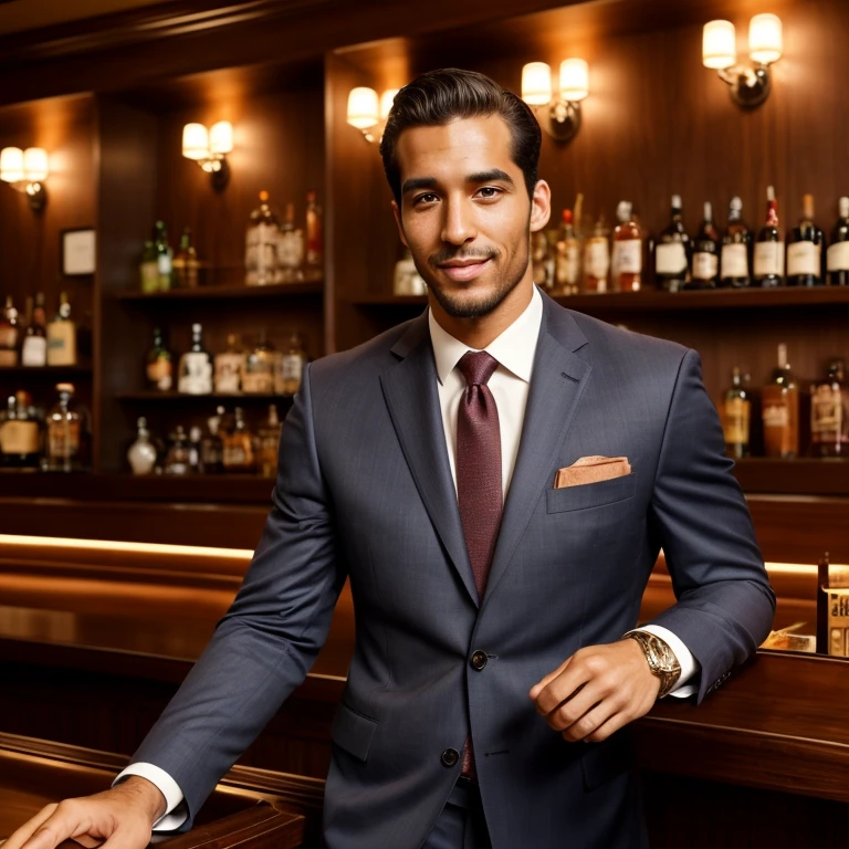 Handsome ethnically ambiguous, tall professional with a nice suit in a cigar bar.