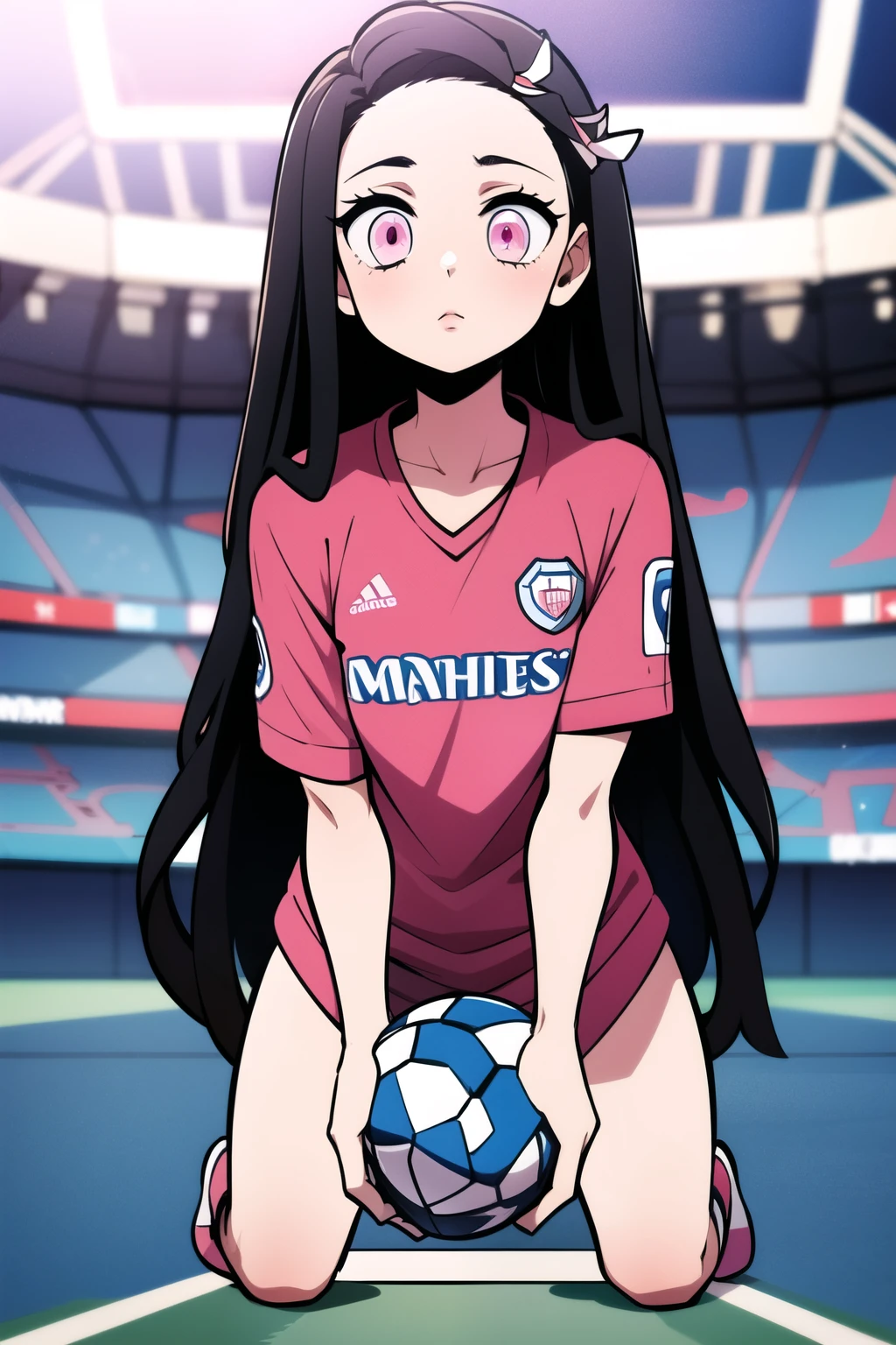 Nezuko , has long straight black hair and intense pink eyes in a football stadium wearing a blue football team shirt manchester city