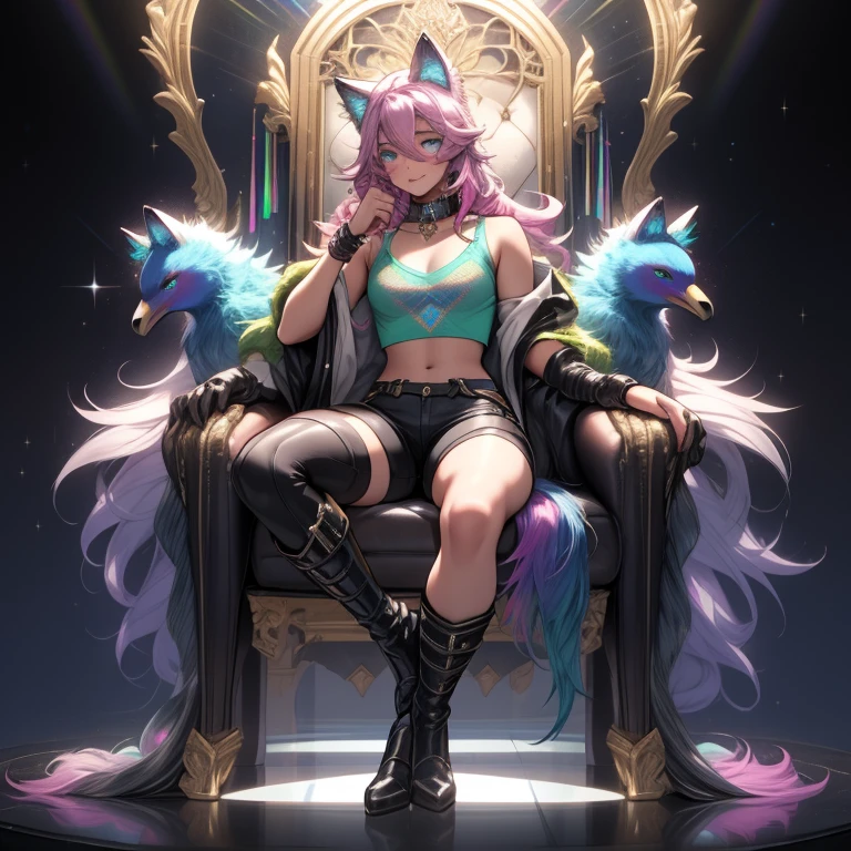 a short, skinny, throne room  young boy wearing a peacock inspired rainbow sci fi coat, glowing blue eyes with heterochromia, wearing cropped t-shirt, flat chested, flat chest (SUPER FLAT CHEST) has wolf ears and a wolf tail, wide hips, pink lips, thick thighs, has long wavy rainbow gradient colored sparkly hair with long locks, twink, happy, blushing, flustered, showing thighs, wearing thigh high boots, wearing short micro shorts, curvy, solo, alone, (SOLO)(ALONE), has long wavy rainbow gradient colored sparkly hair, dynamic pose, dancing pose, wearing collar, happy, has rainbow peacock wings flowing behind him, perfect eyes, photo realistic, masterpiece, flawless, peacock wings