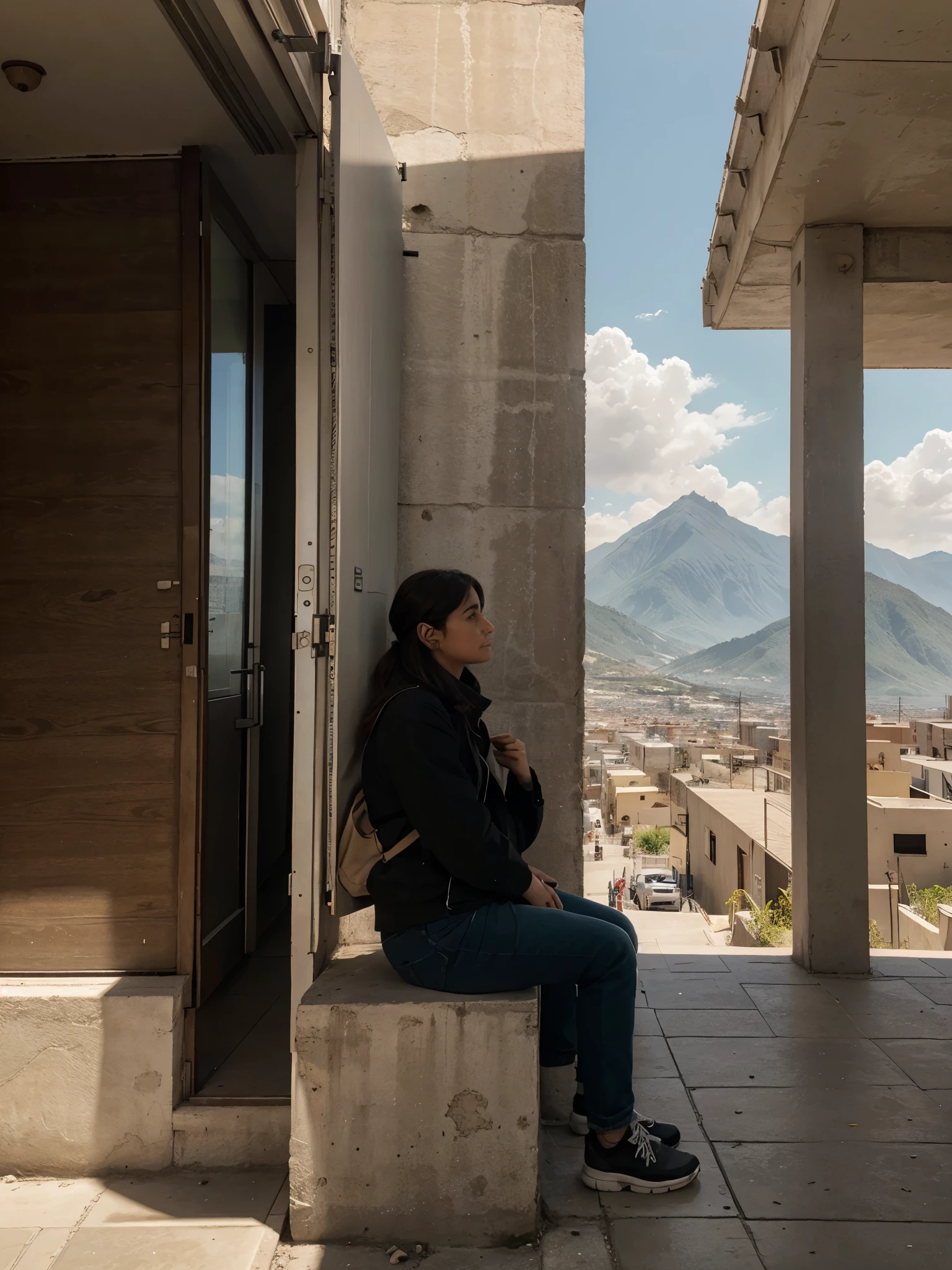 Un mono tailandes mirando al horizonte en una ciudad post apocaliptica con un maletin al lado