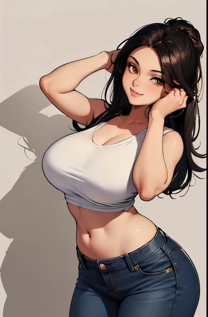 (best quality, masterpiece:1.2), Sketch full view of a hot looking fair skin 29 year old woman standing in front of us. She has brown eyes and long straight black hair. She has big breasts, playful smile. She has a nice curvy physique. She is wearing a crop top and lowrider jeans. Apartment background. Shading. Lighting. Dynamic pose.