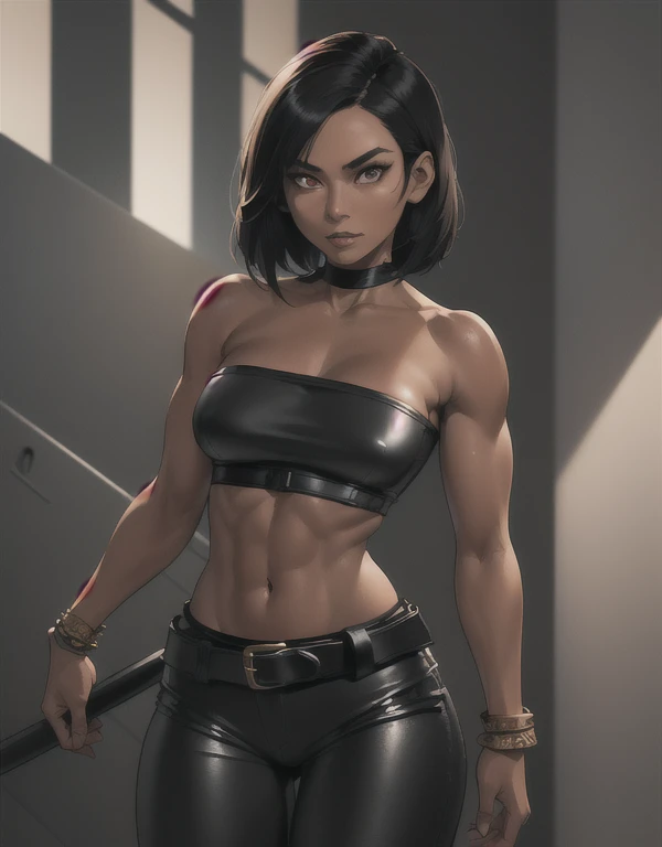 1girl, ((26 year old, Filipino Woman, tanned bronze skin:1.02, short black hair:1.3, Detailed Amber eyes:1.03, Detailed face, medium breasts, (Wearing: Strapless Black tube top, black leather pants, white belt, bracelets:1.2)), (midriff), (agile physique:1.1), (Character Focus),Perfect Anatomy, Looking at Viewer, 4k textures, raw photo, epic artistic, photoreal art, sharp focus, even lighting, insane details, intricate details, hyperdetailed, rich colors
