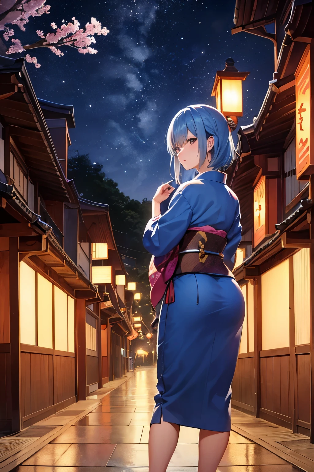 (a cute, blue-haired woman with a short and sexy outfit in a traditional Japanese village at night), illustration,high resolution, HDR, Realism, Rich in details, soft light, Fine painting, bright colors, red tint, cherry blossoms, lanterns, wooden houses, stone pathway, night sky, moonlight, stars, traditional clothing, kimono, Japanese garden
