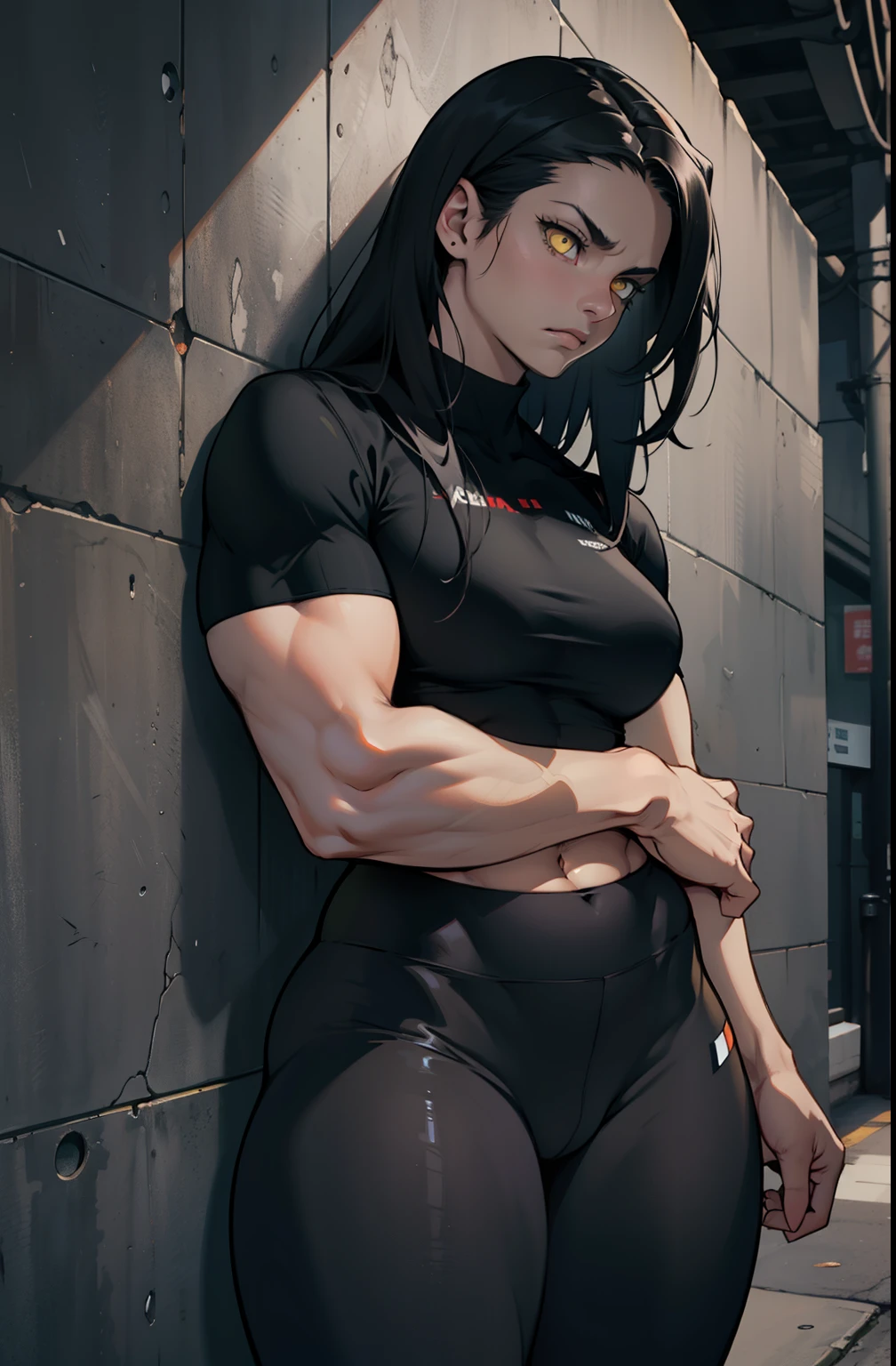 1girl muscular pale skin black hair yellow eyes black against wall sad expressionless tight shirt leggings thick thick thick thick muscular muscular muscular muscular muscular girl dark atmosphere sad expressionless
