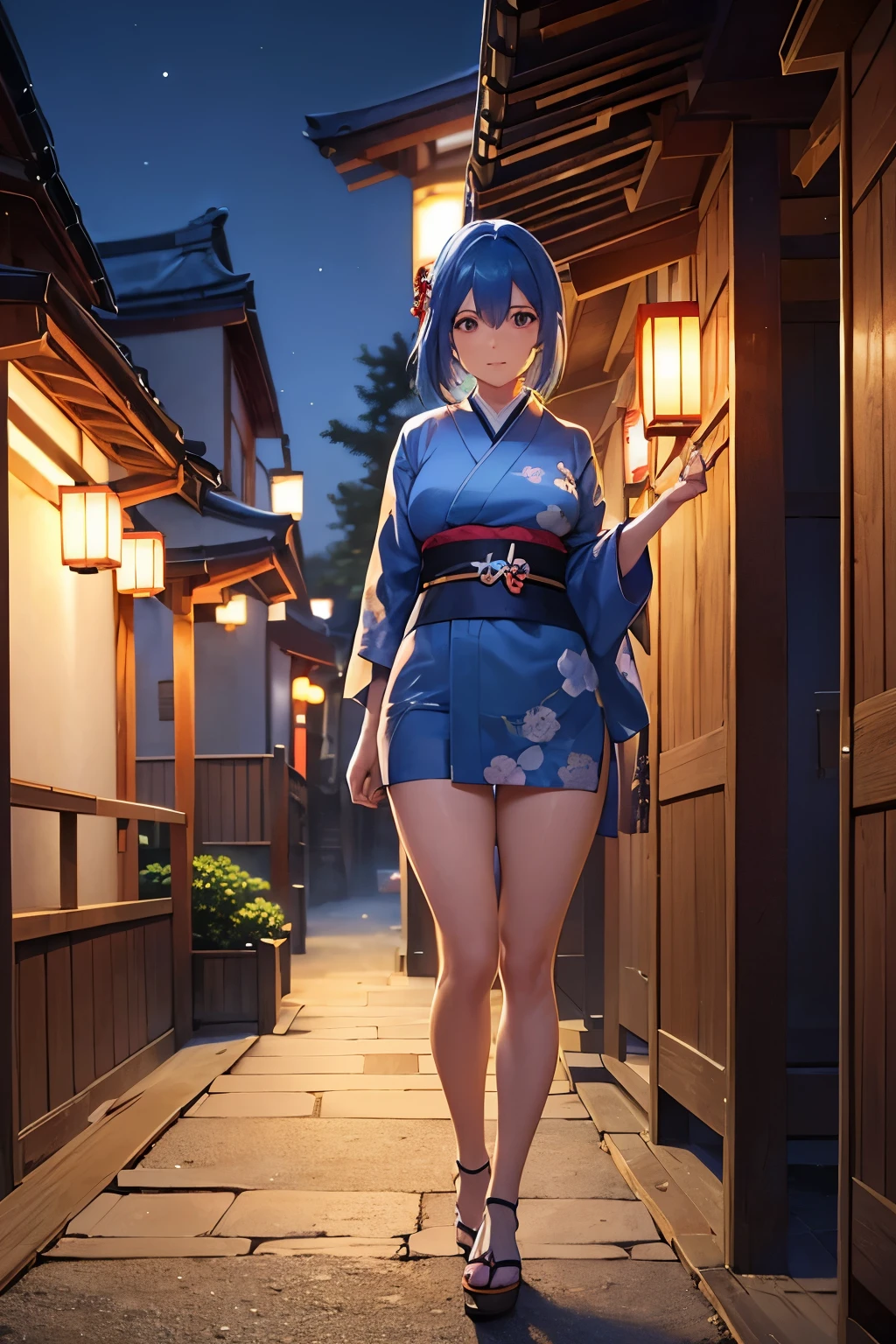 (a cute, blue-haired woman with a short and sexy outfit in a traditional Japanese village at night), illustration，high resolution, HDR, Realism, Rich in details, soft light, Fine painting, bright colors, red tint, cherry blossoms, lanterns, wooden houses, stone pathway, night sky, moonlight, stars, traditional clothing, kimono, Japanese garden