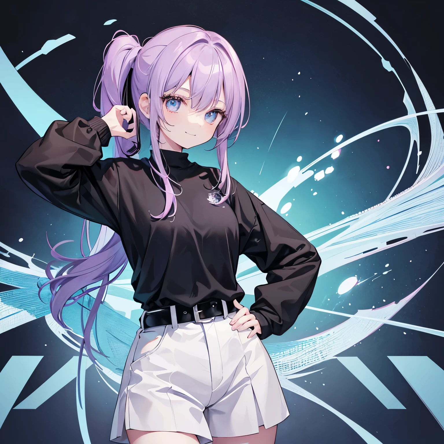Tall, slender-bodied woman with dark cyan hair tied in a low ponytail, medium-length hair. Eyes with each end tilted downwards, lavender color with large black pupils. She wears a long-sleeved pink shirt that covers up to her stomach and dark blue pants that are held up by a belt that has a Cyan flower on the side. Black and white converse sneakers. The girl is smiling widely with teeth with one hand on her hip and the other behind her head. In the image there's only ONE women and no one else.