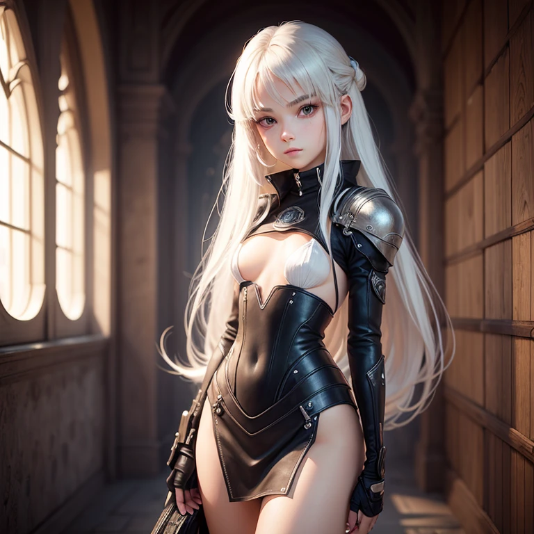 beautiful 16 year old girl,long eyelashes,Ojos hermosos y delicados.,pelo largo y blanco,cabello dorado,Por flequillo,agitar,pelo despeinado,science fiction style,sin ropa,final fantasy style,Symphony 2.5D,busto de cuerpo completo cuerpo, small breasts, escote.