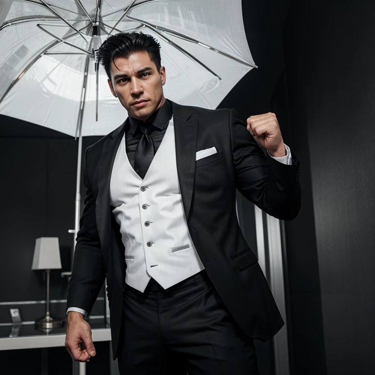 A muscular man, in a black and white suit, with a white umbrella that is also a submachine gun, the man must be in a fighting pose 