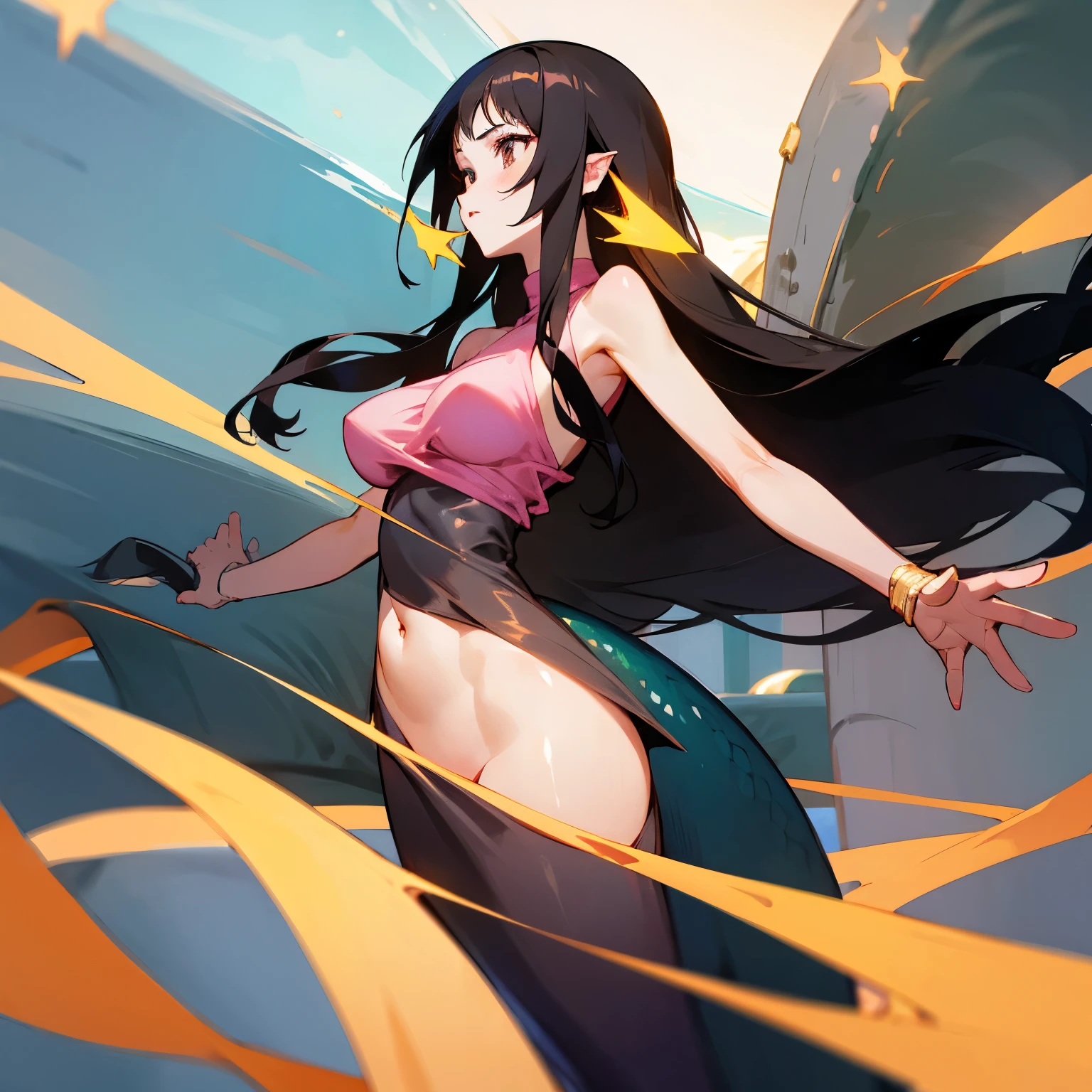 A 22 year old anime girl. Long black hair with dark brown eyes, skinny with big breasts. Pink sparkly shell top. long mermaid tail with fins.