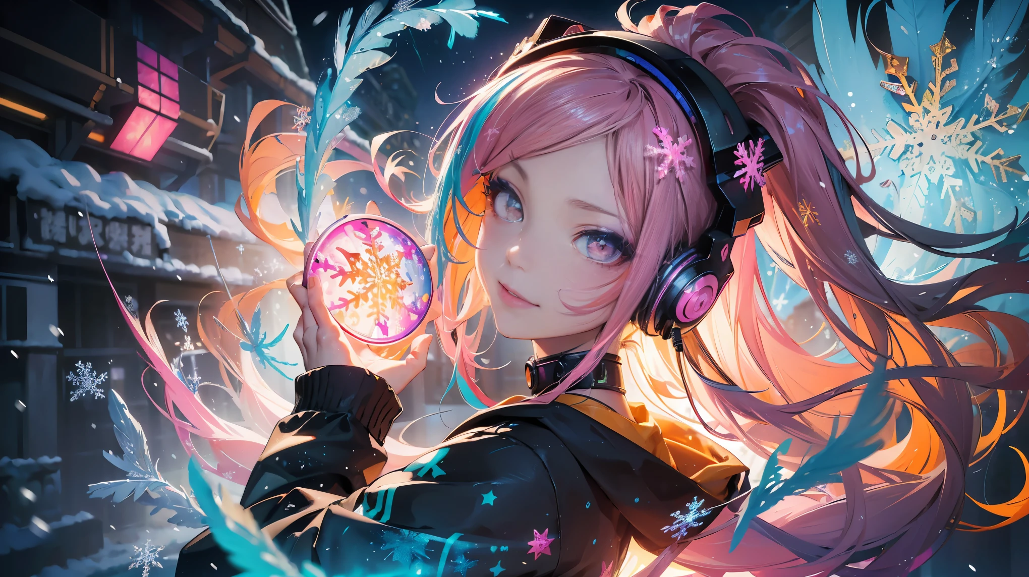 masterpiece, highest quality, 1 girl, fearless smile, ((cyber punkな背景)), (it's snowing) (( swirling vortex colorful hair)), cyber punk、Wear a black hoodie, Glowing blue headphones、((long hair)), ((Right side)), Emotional faces, close, studio light, studio, (((Make up Portrait, Pink Eyeshadow))), ((There are many golden and orange swirls、The face has colorful snowflakes and feathers),,Close-up face
