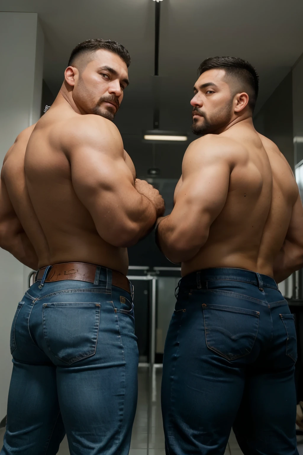 Photograph of two men, uno viendole  las nalgas al otro, with heavyweight bodybuilder cinematic light 75kg full muscle, Bigote grueso y trozo chino barbudo, hombres muy guapo. Detailed face proportion of perfect bodies,, hipermusculoso nalgon, realista,  blue jeans, face detailed backside 