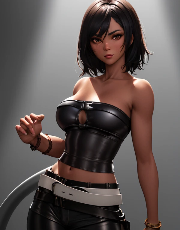 1girl, ((26 year old, Filipino Woman, tanned bronze skin:1.02, short black hair:1.3, Detailed Amber eyes:1.03, Detailed face, medium breasts, (Wearing: Strapless Black tube top, black leather pants, white belt, bracelets:1.2)), (midriff), (agile physique:1.1), (Character Focus),Perfect Anatomy, Looking at Viewer, 4k textures, raw photo, epic artistic, photoreal art, sharp focus, even lighting, insane details, intricate details, hyperdetailed, rich colors
