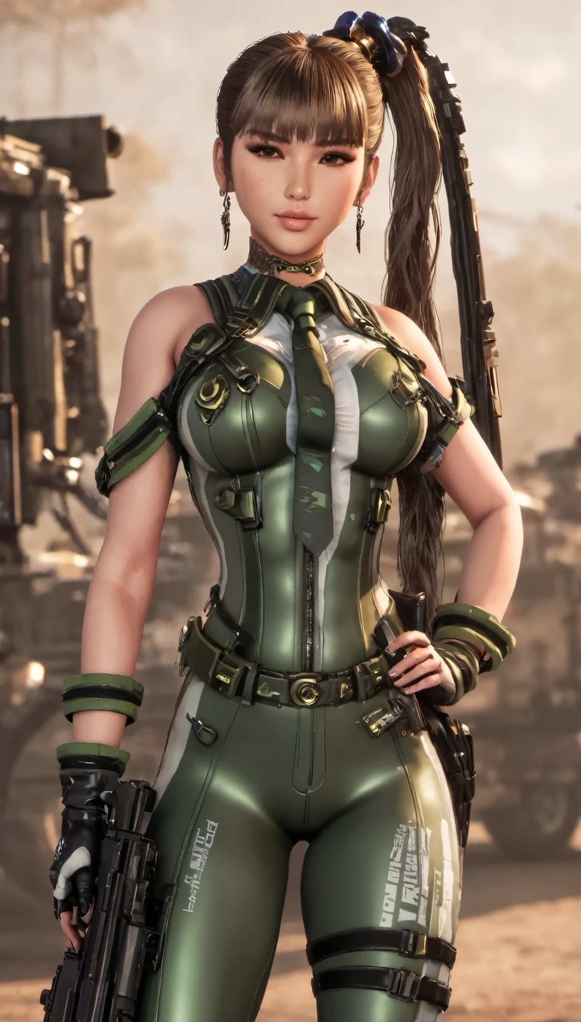 Eve, Stellar Blade, large breast, curvy body, thicc thighs, 1girl,solo,heavy makeup,cute,earrings,ring braid,(lewd smile:1.1),holding submachine gun,ponytail,idol,hooker,military uniform,(battleground:1.1),