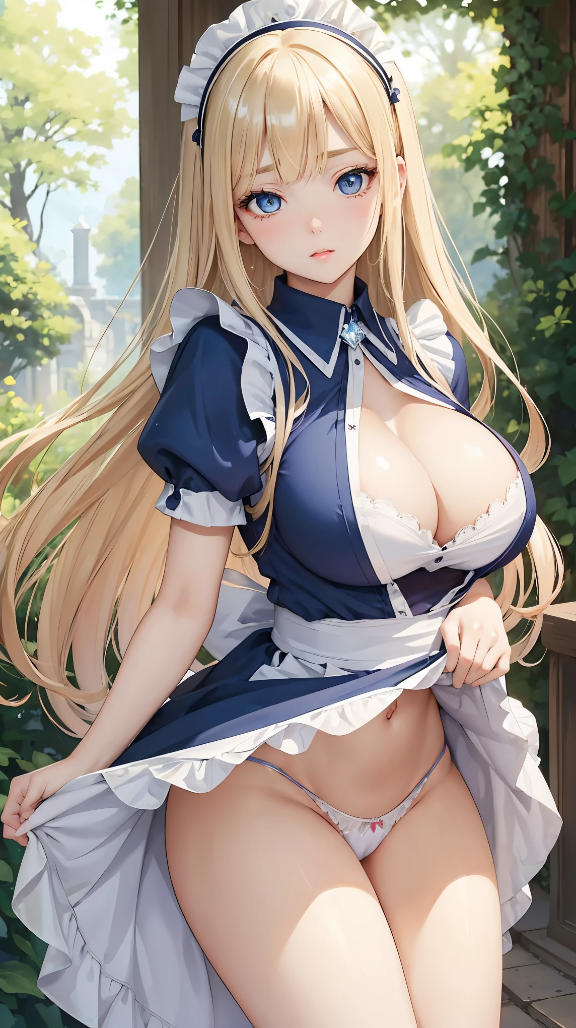 (masterpiece:1.2), (highest quality:1.2), Portrait、Curvy but slender body, perfect eyes, perfect face, perfect lighting, 1 girl, long hair, curly hair, fine clothes, detailed outdoor background, compensate, eye shadow, thick eyelashes, fantasy, (maid)、whole body，alice in wonderland、Bright and beautiful face、young shiny glossy white shiny skin、the best beauty、the most beautiful bright blonde hair in the world、thin hair、super long straight hair、Shining beautiful bangs、Shining crystal clear big blue eyes、Very beautiful lovely 17 year old most beautiful girl in the world、big and full breasts、((She shyly lifts her skirt to show her panties、I&#39;m seducing you))
