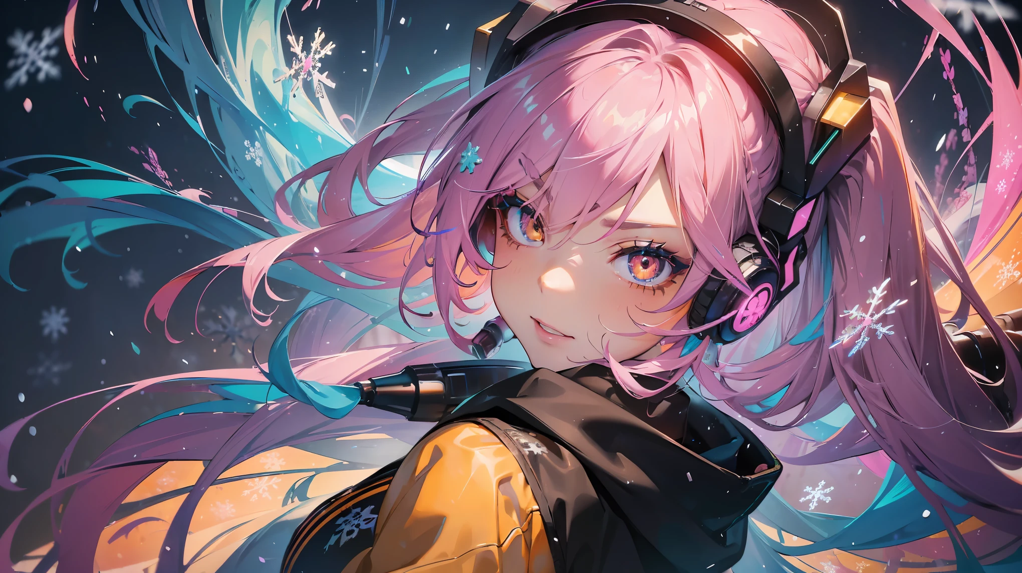 masterpiece, highest quality, 1 girl, fearless smile, ((cyber punkな背景)), (it&#39;s snowing) (( swirling vortex colorful hair)), cyber punk、Wear a black hoodie, Glowing blue headphones、((long hair)), ((Right side)), Emotional faces, close, studio light, studio, (((Make up Portrait, Pink Eyeshadow))), ((There are many golden and orange swirls、The face has colorful snowflakes and feathers),,Close-up face
