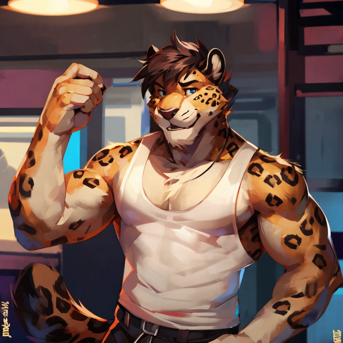 leopard, anthro, in tank top, white shirt, By mystikfox61