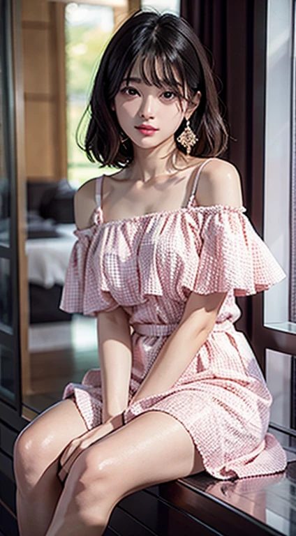 1 girl、17-year-old female、Beautie、A dark-haired、（ off-the-shoulder dress、Casual enough to see underwear）petite and very slender figure,,,,,、very slender leganicure、earrings、Pink lip、a picture、lifelike、sexuell、top-quality、adopt、A detailed face、Detailed background、depth of fields、Full-body angle of view、Sitting on the couch with your knees
