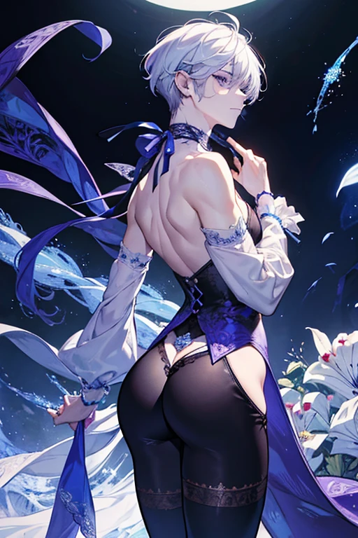 (absurdres, highres, ultra detailed), 1 male, elf twink, curvy and delicate, tall femboy, tall slender guy, narrow shoulders, finely detailed eyes and detailed face, messy shaggy white hair, side bangs, bangs, purple eyes, DARK GREY SKIN, sexy twink, shirtless, t-string thong, slave collar, small bulge, hourglass body, curvy ass, slave attire
