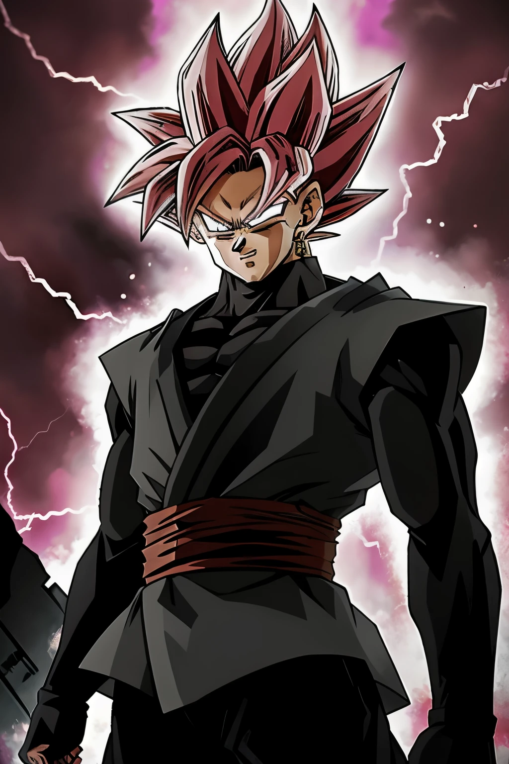 best_QualityPos, RAW Photo, intricate details, Best quality, 8k hd, soft lighting, 1 boy, Alone, spiky hair, pink hair, pink eyes, Super Saiyan, single earring, dougi.Goku Black is standing on the wreckage of a city devastated, surrounded by ruined buildings and smoldering rubble. The sky is darkened by storm clouds, and lightning cuts through the air, intermittently illuminating the desolate landscape. The setting is dark and desolate, reflecting the destruction caused by Goku Black's imminent threat. His sinister presence stands out against the apocalyptic backdrop, his imposing figure conveying a sense of evil power and imminent threat,very details of your face ,perfect face,perfect hands,perfect ??????? , the camera is capturing your face very detailed