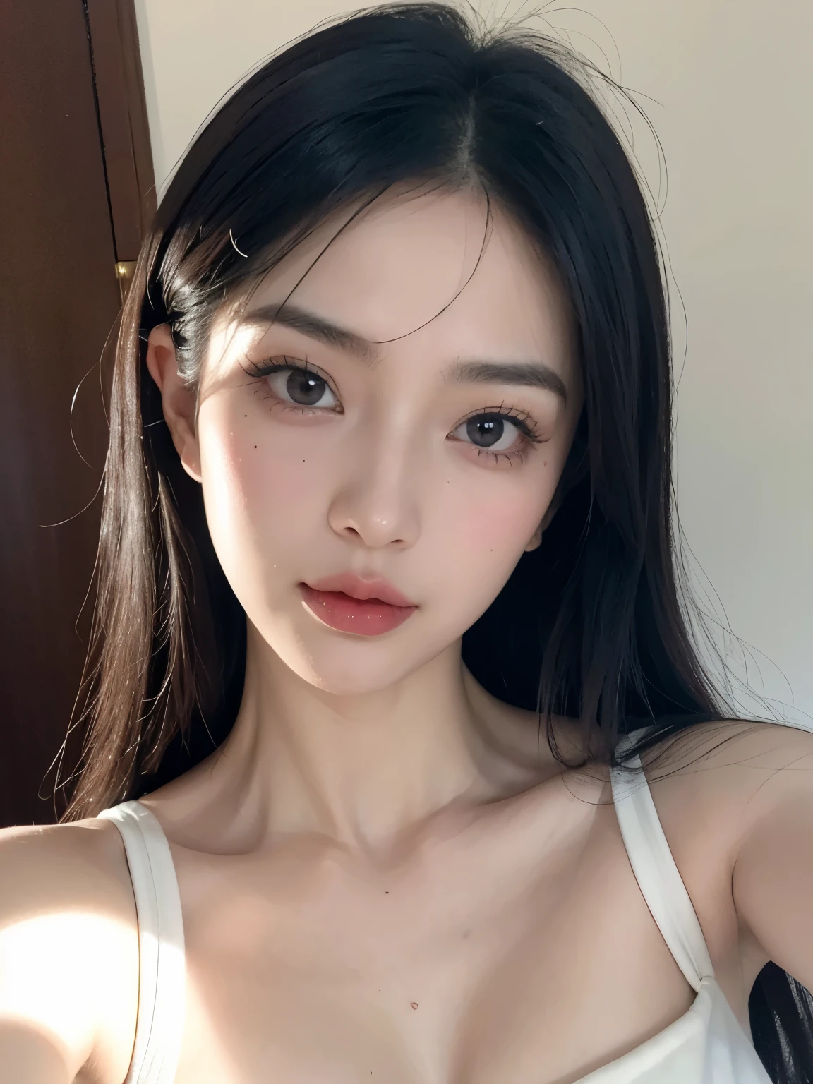 Kim jennie con el cabello negro oscuro, con rulos en las puntas del cabello negro oscuro, con un ganchito de estrella en el cabello negro oscuro, ojos de color claro, ojos bonitos, ojos llorosos, nariz bonita y respingada, labios bonitos, labios rosas, heart and cupid shaped lip, piel bonita, pale, piel blanca, con lunares y pecas en todo el rostro, rubor rosa suave en las mejilla, rubor rosa natural, maquillaje suave y rosa, jennie, cuellos bonito, cuello marcado, frown, mirada enojada, con un collar de beso, un collar bonito de beso, mientras tiene un traje de Yumeko Jabami, cospaly de Yumeko Jabami, mientras tiene el abdomen desnudo, delgado, marcado y bonito, (pechos grandes, pechos suaves, pechos bonitos, pechos naturales), mientras esta haciendo cospaly del personaje Yumeko Jabami, del anime Kakegurui, mirando a la camara, autofoto, selfie bonita