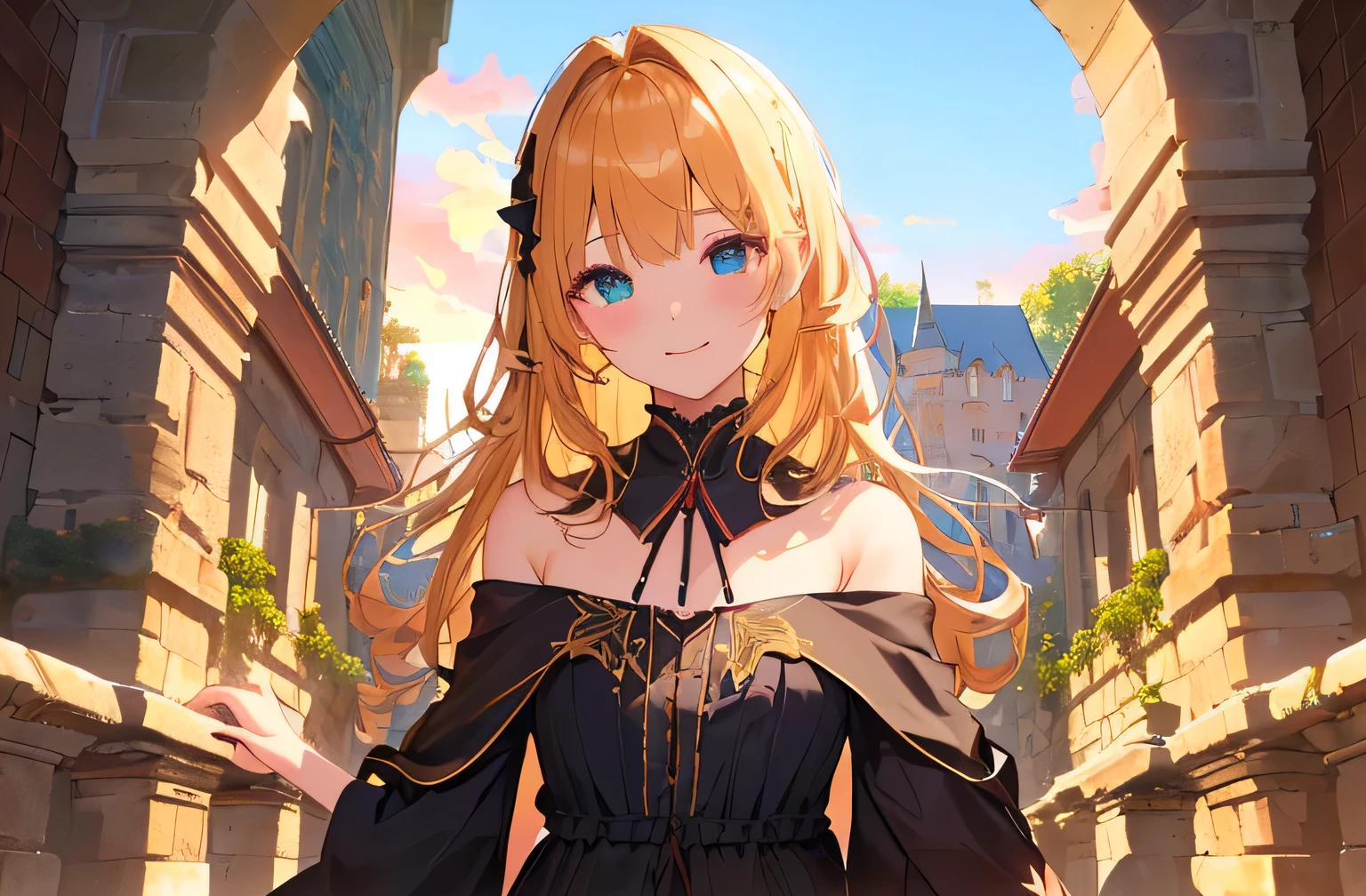 、(High resolution)、(8K)、(very detailed)、(best illustrations)、(beautiful detailed eyes)、(highest quality)、(super detailed)、(masterpiece)、(wallpaper)、(detailed face)、solo、1 girl、looking at the viewer、Detailed、detailed face、in the dark night、deep shadow、low key、Pure erotic face ace_V1、laughter、length、black shawl straight hair、46 point diagonal bangs, (silk dress、length skirt)(off shoulder)View of the castle、、stand against the wall