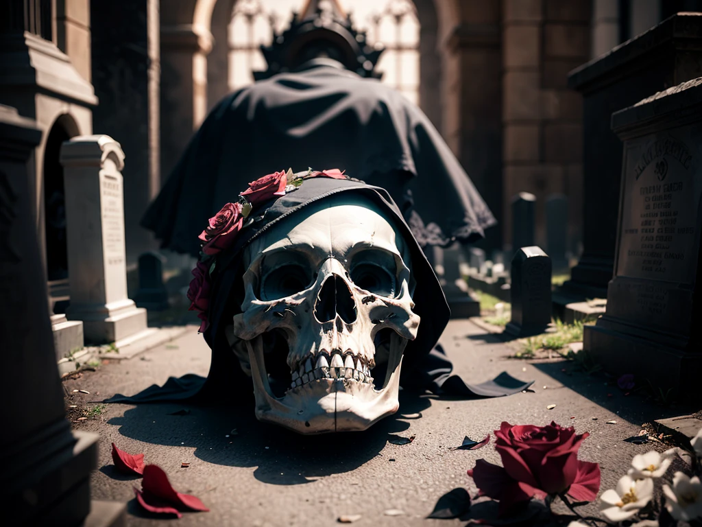 RAW, professional photograph, medium shot, photorealistic, hyper-realistic, ray tracing, super detail, UHD, 8k, , cemetery, corpse, gothic architecture, human skeleton, covered in black roses