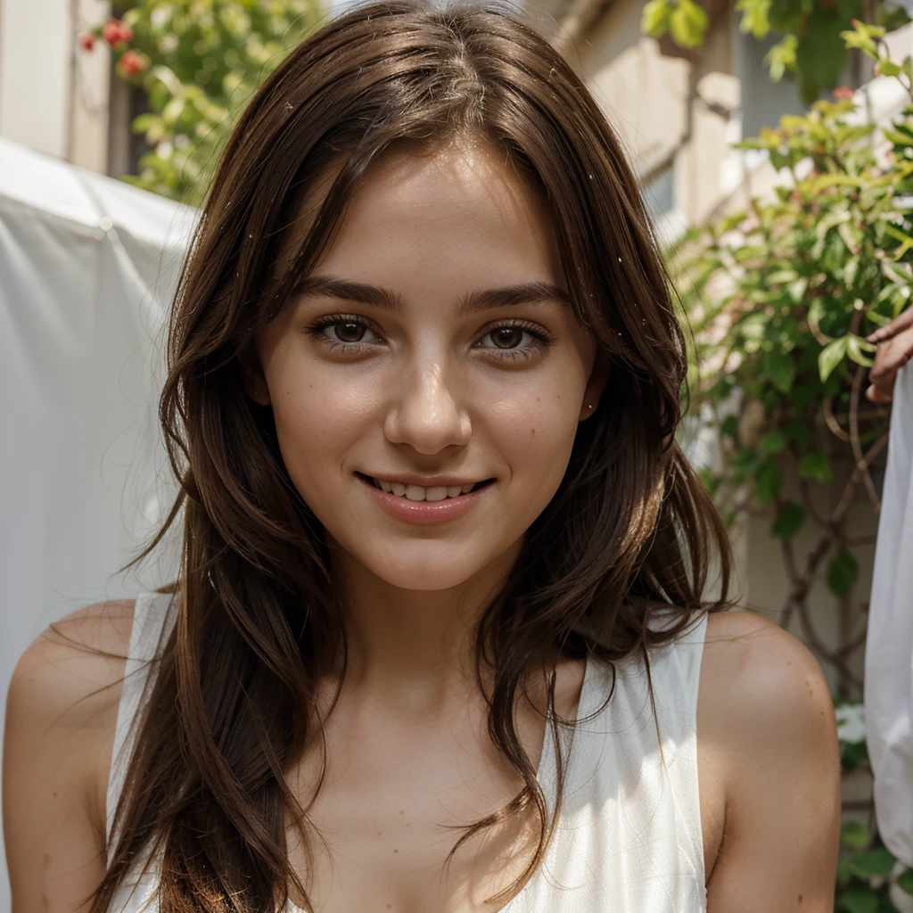 Italian girl, 25 years old, white dress, transparent dress, realistic image and fine details of face and body, photograph, photo from a distance of 5 meters, nice smile, brown hair, untidy hair,