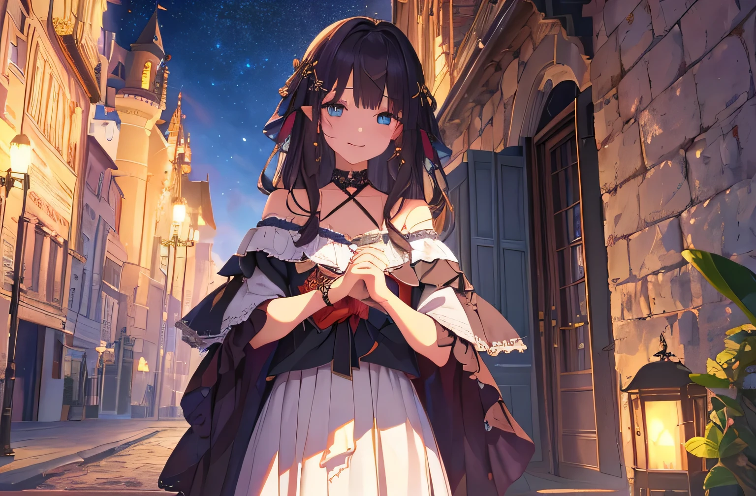 、(High resolution)、(8K)、(very detailed)、(best illustrations)、(beautiful detailed eyes)、(highest quality)、(super detailed)、(masterpiece)、(wallpaper)、(detailed face)、solo、1 girl、looking at the viewer、Detailed、detailed face、in the dark night、deep shadow、low key、Pure erotic face ace_V1、laughter、length、black shawl straight hair、46 point diagonal bangs, (silk dress、length skirt)(off shoulder)View of the castle、、stand against the wall