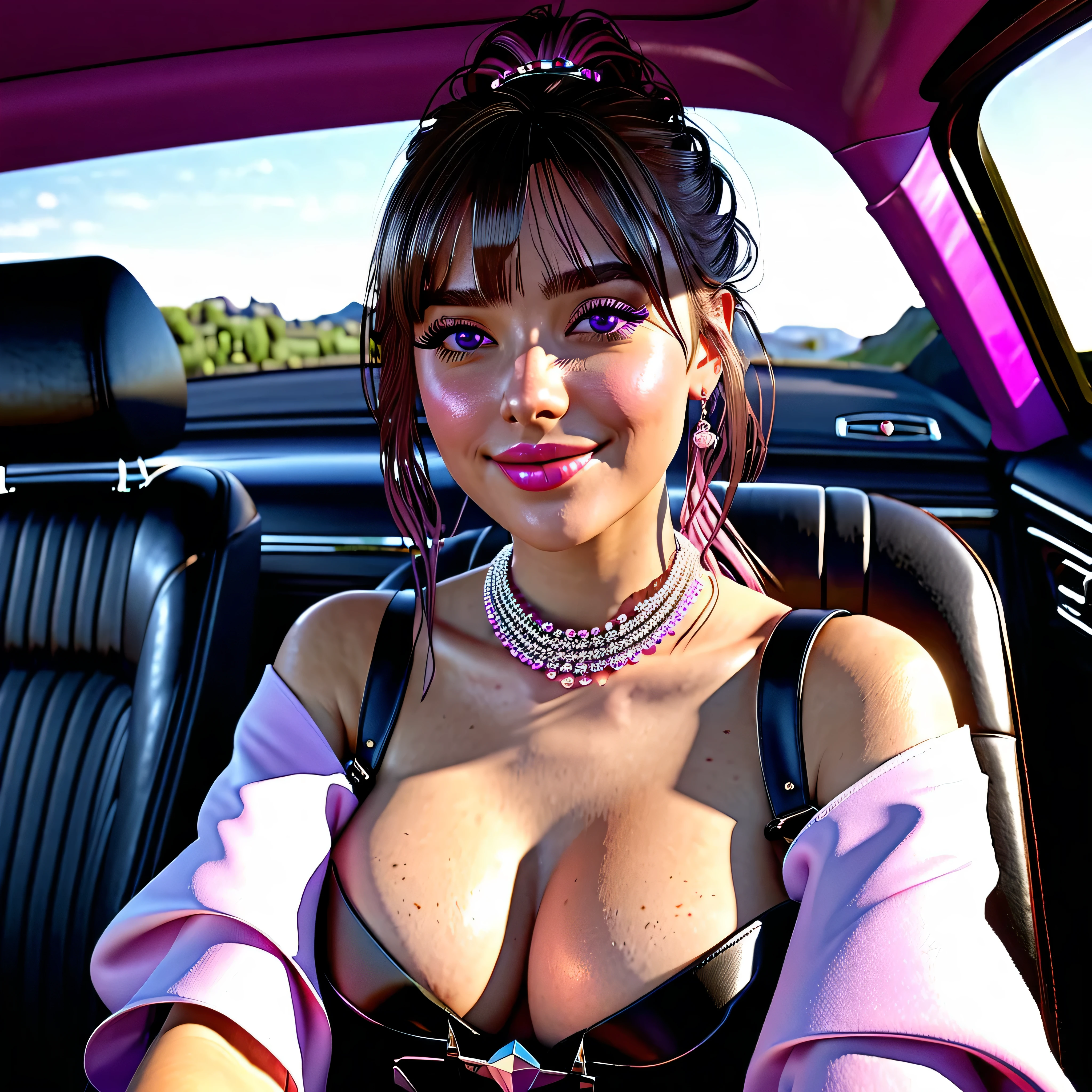 1girl sitting in a car, young girl bangs tourmaline frange kunzite, nsfw pink blush kind smile jewelry, looking at viewer, car interior, solo, purple eyes, steering wheel, white shirt, off shoulder, black jacket, sleeves wrist scrunchie, (sitting on passenger seat), (stylish outfit), ultra_high-details ultra_high-quality ultra_high-definition ultra_high-resolution UnrealEngine5 ultra Cinematic_sunLight Epic tmasterpiece dynamic composition, ultra-professional photorealistic, ultra-detailed, large breasts BREAK holding a coffee cup BREAK (car indoors:1.2 deep path equirectangular) passenger seat (seatbelt:1.2), population glass "Heavy Metal" chrome extremely detailed, reflection, reveal nsfw, nude, sex, naked, transparent, varies multi etc. --v6 --s1000 --c20 --q5 --chaos100