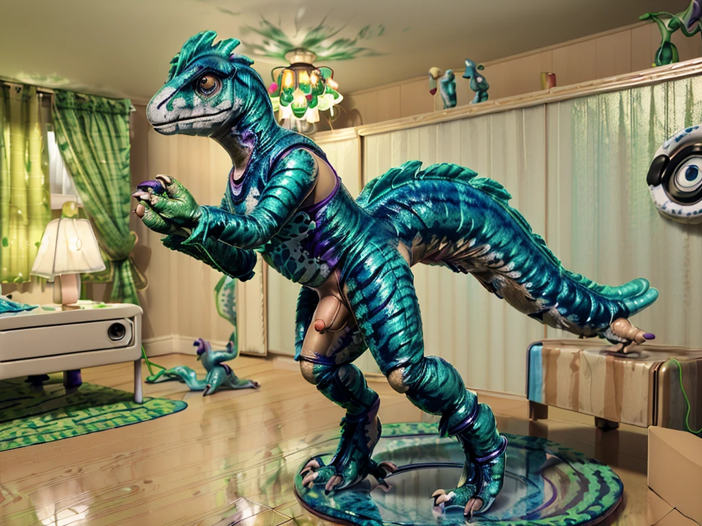 Ultra high resolution, best quality, masterpiece, (human magic costume fusion figurine transformation art:1.7), (mid transformation, a shrunken tiny terrified male college student human deinonychus raptor fursuit posable resin action figure figurine toy hybrid:1.6), (shrunken, tiny:2.2), (inside bedroom:2), (wearing and fusing with vinyl feathered deinonychus raptor costume fursuit:1.6), (part human part feathered deinonychus fursuit part resin deinonychus figurine toy partial hybridization:2), (the costume vinyl fabric fuses to your skin and morphs into plastic resin:1.8), (the costume zipper melds and assimilates into your new figurine body:1.6), (the cursed raptor fursuit morphs and shrinks you into a posable resin deinonychus figurine toy:2), (Toy Story toy transformation:1.5), (half human:1.8), (photorealistic:2), (partial feralization:1.65), dynamic lighting, (NSFW:1.5)