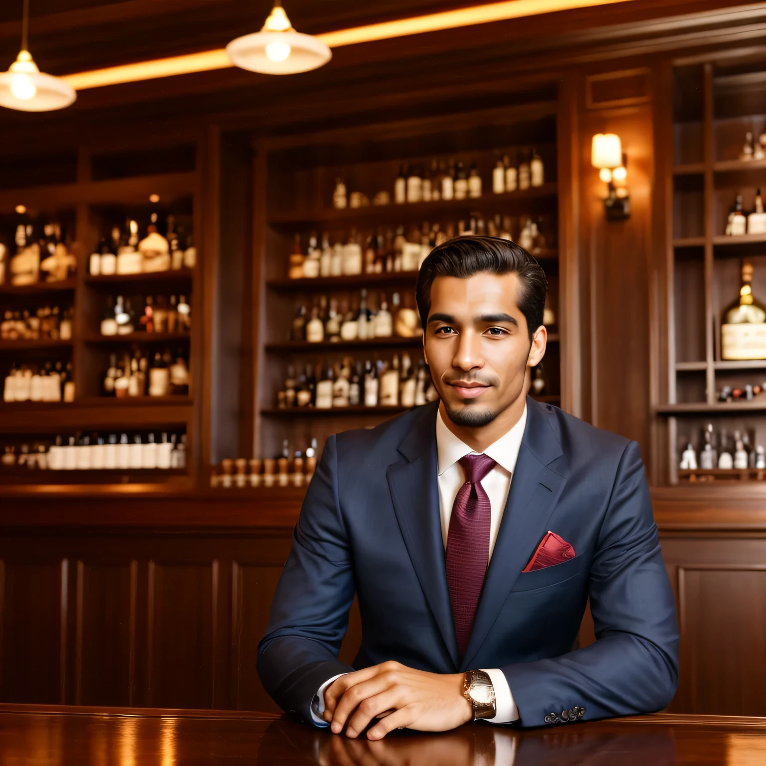 Handsome ethnically ambiguous, tall professional with a nice suit in a cigar bar.