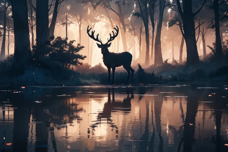 a spectral deer in a dark florest, river, reflection, muss, beautiful horns, four paws, intricate, amazing view, mysterous, deer in the edge of a river, dark fantasy style, (Delicate images), (Highly detailed), (high resolution), (Best quality), (masterpiece)