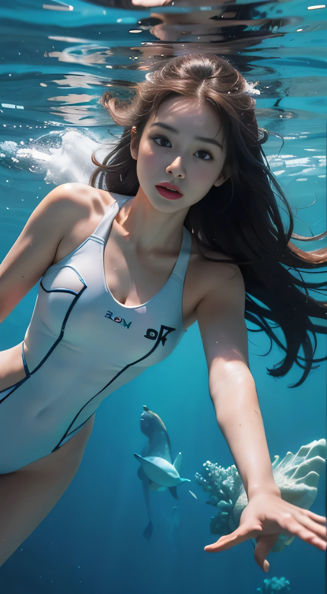 Solo, Deep Sea, Coral Reef, Dive, White Wetsuit, Flippers, Weightlessness, ((Best Quality, 8k, Masterpiece: 1.3)), One Woman, Long Hair, Underwater Photography, Underwater Perspective, Underwater Perspective, Underwater Floating, Breaststroke, Cleavage, Sleeveless