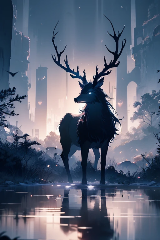 a spectral deer in a dark florest, river, reflection, muss, blue spectral, fog, beautiful horns, four paws, intricate, amazing view, mysterous, deer in the edge of a river, mediaval fantasy, dark fantasy style, (Delicate images), (Highly detailed), (high resolution), (Best quality), (masterpiece)