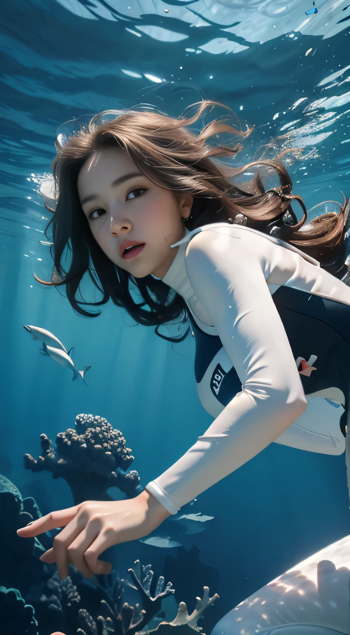 (Best Quality, Masterpiece: 1.4), (Realism: 1.2), (Realistic: 1.2), 4K, Detailed, Ultra Detailed, Detailed Face, (Ultra Detailed Eyes: 1.2), Undersea, Beauty, One-piece Swimsuit, Bare Back, High Split End, Long White Legs, Floating, Long Black Hair, Cats, Schools of Fish, Breaststroke